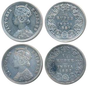 Victoria Empress, Silver ¼ Rupee, 1887 (2), Calcutta Mint, C / II / C incuse; Bombay Mint,