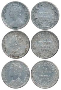 Victoria Empress, Silver ¼ Rupee, 1888 (3), Calcutta Mint, C / II / No mint mark; Bombay M