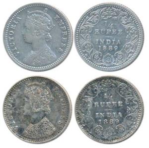 Victoria Empress, Silver ¼ Rupee, 1889 (2), Calcutta Mint, C / II / C incuse; Bombay Mint,