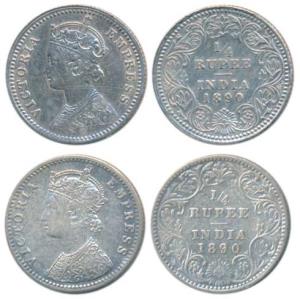 Victoria Empress, Silver ¼ Rupee, 1890, Calcutta Mint, C / II / C incuse; Bombay Mint, C /