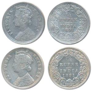 Victoria Empress, Silver ¼ Rupee, 1891 (2), Calcutta Mint, C / II / C incuse; Bombay Mint,