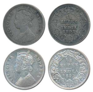 Victoria Empress, Silver ¼ Rupee, 1893 (2), Calcutta Mint, C / II / C incuse; Bombay Mint,