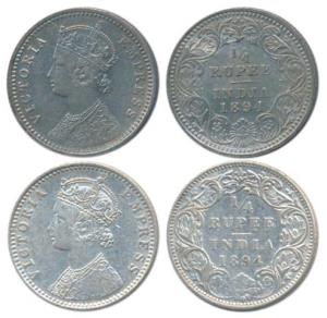Victoria Empress, Silver ¼ Rupee, 1894 (2), Calcutta Mint, C / II / C incuse; Bombay Mint,