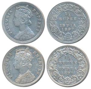 Victoria Empress, Silver ¼ Rupee, 1897 (2), Calcutta Mint, C / II / C incuse; Bombay Mint,