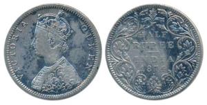 Victoria Queen, Silver ½ Rupee, 1874, Bombay Mint, B1 / II / dot, (Prid 284). About Very F