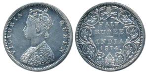 Victoria Queen, Silver ½ Rupee, 1874, Bombay Mint, B2 / II / dot, (Prid 285).Very Fine+, R