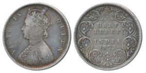 Victoria Queen, Silver ½ Rupee, 1875, Calcutta Mint, A / I / No mint mark, (Prid 260). Abo
