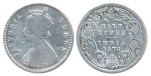 Victoria Queen, Silver ½ Rupee, 1876, Calcutta Mint, A / I / No mint mark, Unlisted in Pri
