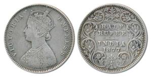 Victoria Empress, Silver ½ Rupee, 1877, Calcutta Mint, A / I, No mint mark, (Prid 261). Ve