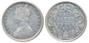 Victoria Empress, Silver ½ Rupee, 1877, Bombay Mint, B2 / II / dot, (Prid 288). About Extr