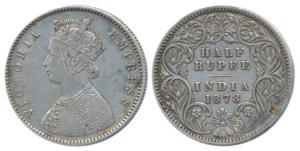 Victoria Empress, Silver ½ Rupee, 1878, Calcutta Mint, A / I / No mint mark, (Prid 262). V