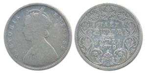 Victoria Empress, Silver ½ Rupee, 1879, Calcutta Mint, A / I / C incuse, (Prid 263). Fine,