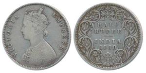 Victoria Empress, Silver ½ Rupee, 1880, Calcutta Mint, A / I / C incuse, (Prid 264). Very 