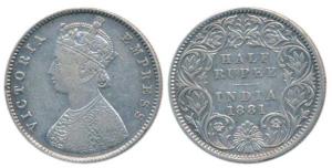 Victoria Empress, Silver ½ Rupee, 1881, Calcutta Mint, A / I / C incuse, (Prid 265). Very 