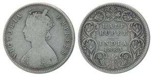 Victoria Empress, Silver ½ Rupee, 1883, Calcutta Mint, A / I / C incuse, (Prid 267). Fine,