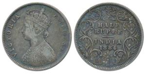 Victoria Empress, Silver ½ Rupee, 1884, Calcutta Mint, A / I / C incuse, (Prid 268). Very 