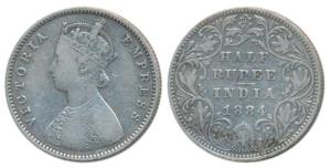 Victoria Empress, Silver ½ Rupee, 1884, Bombay Mint, A / II / no dot, (Prid 293). About Ve