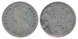 Victoria Empress, Silver ½ Rupee, 1885, Calcutta Mint, A / I / C incuse, (Prid 26)9. About
