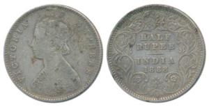 Victoria Empress, Silver ½ Rupee, 1888, Calcutta Mint, A / I / C incuse, (Prid 271). About