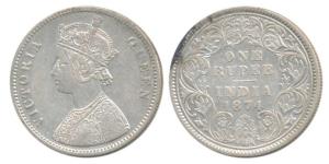 Victoria Queen, Silver Rupee, 1874, Calcutta Mint, A1 / I / No mint mark, (Prid 112). Very