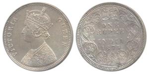 Victoria Queen, Silver Rupee, 1875, Calcutta Mint, A1 / I / No mint mark, (Prid 113). Abou
