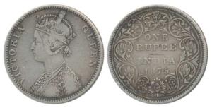 Victoria Queen, Silver Rupee, 1875, Bombay Mint, A2 / II / No mint mark, (Prid 145). Very 