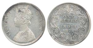 Victoria Queen, Silver Rupee, 1876, Calcutta Mint, A1 / I / No mint mark, (Prid 114). Very