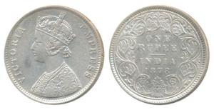 Victoria Empress, Silver Rupee, 1878, Calcutta Mint, A1 / I / No mint mark, (Prid 116). Ve