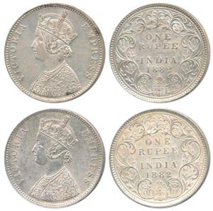 Victoria Empress, Silver Rupee, 1882, Calcutta Mint, A1 / I / C incuse; Bombay Mint, A3 / 