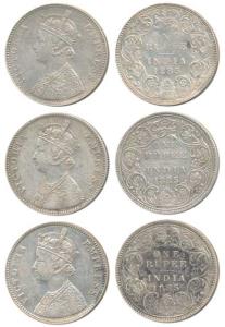 Victoria Empress, Silver Rupee, 1885, Calcutta Mint, A1 / I / C incuse; Bombay Mint, A3 / 