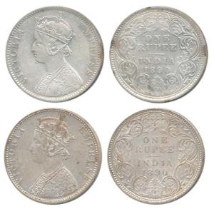 Victoria Empress, Silver Rupee, 1890, Calcutta Mint, C3 / I / C incuse; Bombay Mint, C2 / 