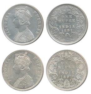 Victoria Empress, Silver Rupee, 1891, Calcutta Mint, C3 / I / C incuse; Bombay Mint, C2 / 