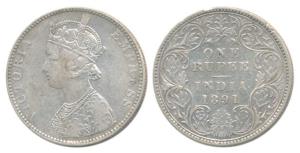Victoria Empress, Silver Rupee, 1891, Bombay Mint, C2 / I / B incuse, 1 over 0 in date, ol