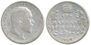 Edward VII, Silver 2 Annas, 1909, Calcutta Mint, (Prid 562). Fine+, Rare.