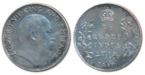 Edward VII, Silver ¼ Rupee, 1910, Bombay Mint, dot on the vine, Unlisted in Pridmore. Very