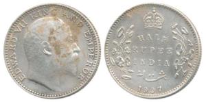 Edward VII, Silver ½ Rupee, 1907, Bombay Mint, B incuse and dot, (Prid 316). Very Fine.