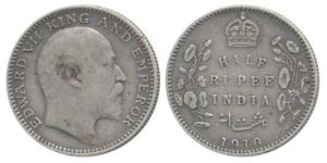 Edward VII, Silver ½ Rupee, 1910, Calcutta Mint, No mint mark, (Prid 314). About Very Fine
