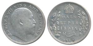 Edward VII, Silver ½ Rupee, 1910, Bombay Mint, B incuse and dot, small date numerals, (Pri