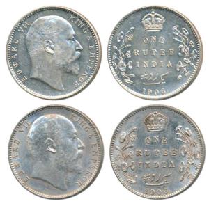 Edward VII, Silver Rupee, 1906, Calcutta Mint; Bombay Mint, B incuse with dot on the vine,