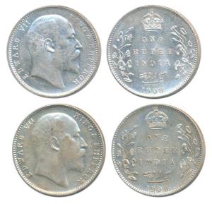 Edward VII, Silver Rupee, 1908, Calcutta Mint; Bombay Mint, B incuse with dot on the vine,