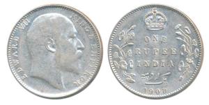 Edward VII, Silver Rupee, 1908, Bombay Mint, B incuse with dot on the vine and 8 over 7 in