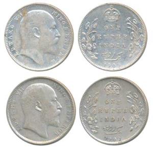 Edward VII, Silver Rupee, 1909, Calcutta Mint; Bombay Mint, B incuse with dot on the vine,
