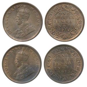 George V, Bronze ¼ Anna, 1912 and 1913, Calcutta Mint, (Prid 658 & 659). About Uncirculate