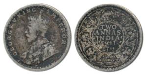 George V, Silver 2 Annas, 1911, Calcutta Mint, (Prid 564). Very Fine, Rare.