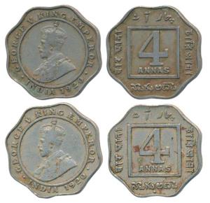 George V, Cupro-Nickel 4 Annas, 1920, Calcutta and Bombay Mint, (Prid 875 & 878). Very Fin