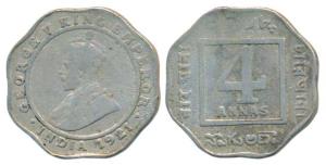 George V, Cupro-Nickel 4 Annas, 1921, Calcutta Mint, Unlisted in Pridmore. Fine+, Very Rar