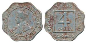 George V, Cupro-Nickel 4 Annas, 1921, Bombay Mint, (Prid 879). Fine+, Rare.