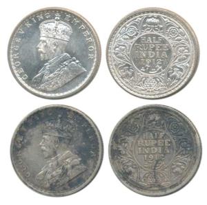 George V, Silver ½ Rupee, 1912, Calcutta and Bombay Mint, (Prid 319 & 336). Very Fine+ and