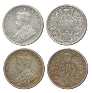 George V, Silver ½ Rupee, 1913, Calcutta and Bombay Mint, (Prid 320 & 337). Very Fine+, Sc