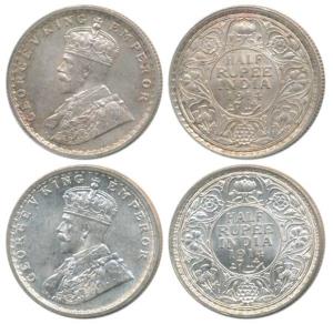 George V, Silver ½ Rupee, 1914, Calcutta and Bombay Mint, (Prid 321 & 338). Extremely Fine